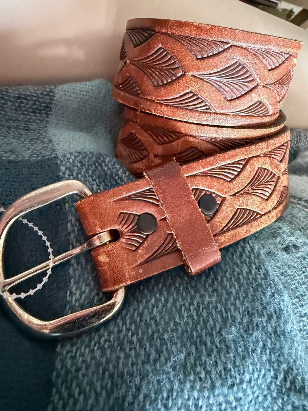 Handcrafted Tooled Leather Brown Western Boho Statement Belt Silver Buckle Sz 36